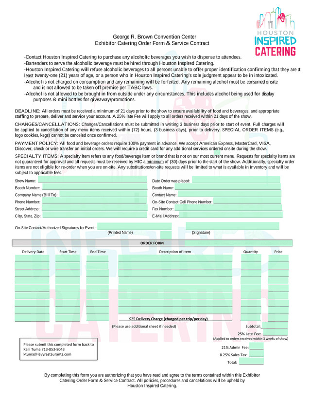 Exhibitor Catering Order Form  Service Contract screenshot
