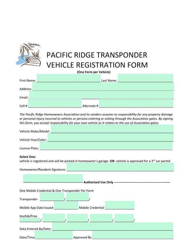 PACIFIC RIDGE TRANSPONDER VEHICLE REGISTRATION FORM screenshot
