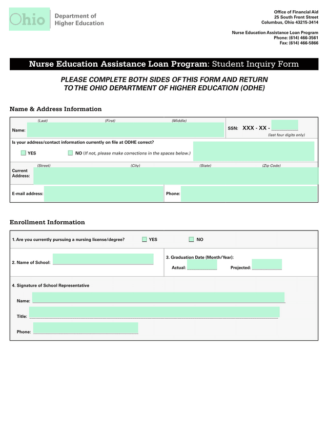 Nurse Education Assistance Loan Program Student Inquiry Form screenshot