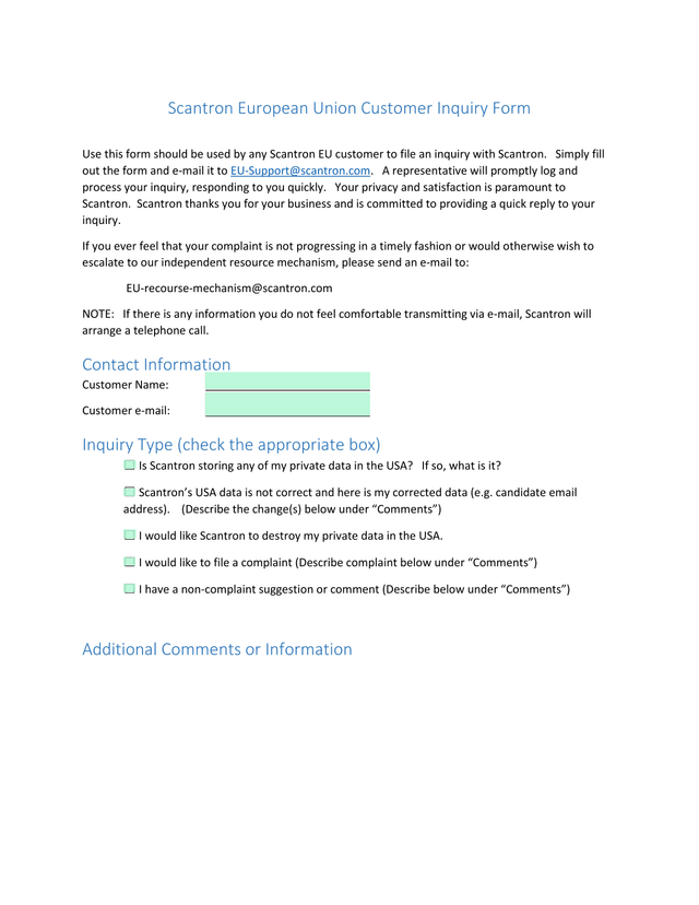 Scantron European Union Customer Inquiry Form screenshot