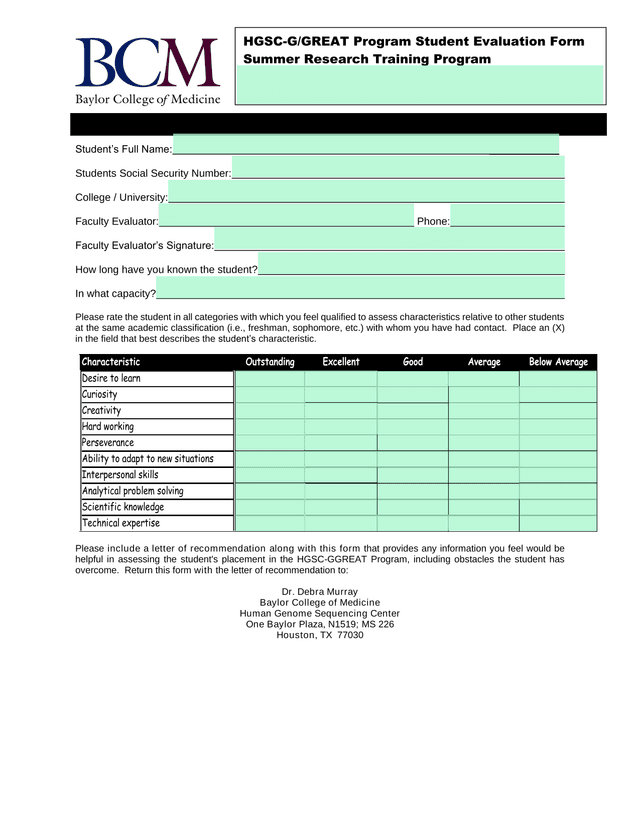 HGSC GGREAT Program Student Evaluation Form screenshot