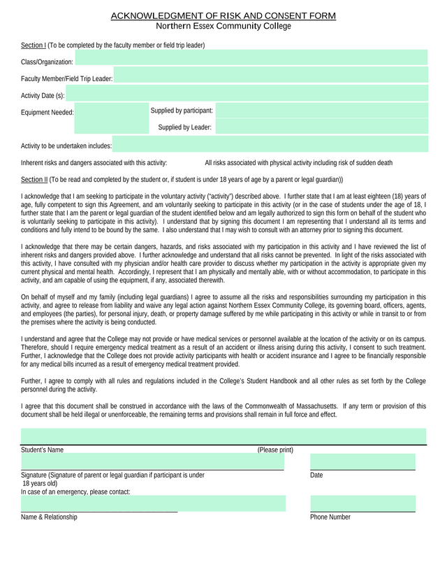 Acknowledgment Of Risk And Consent Form screenshot