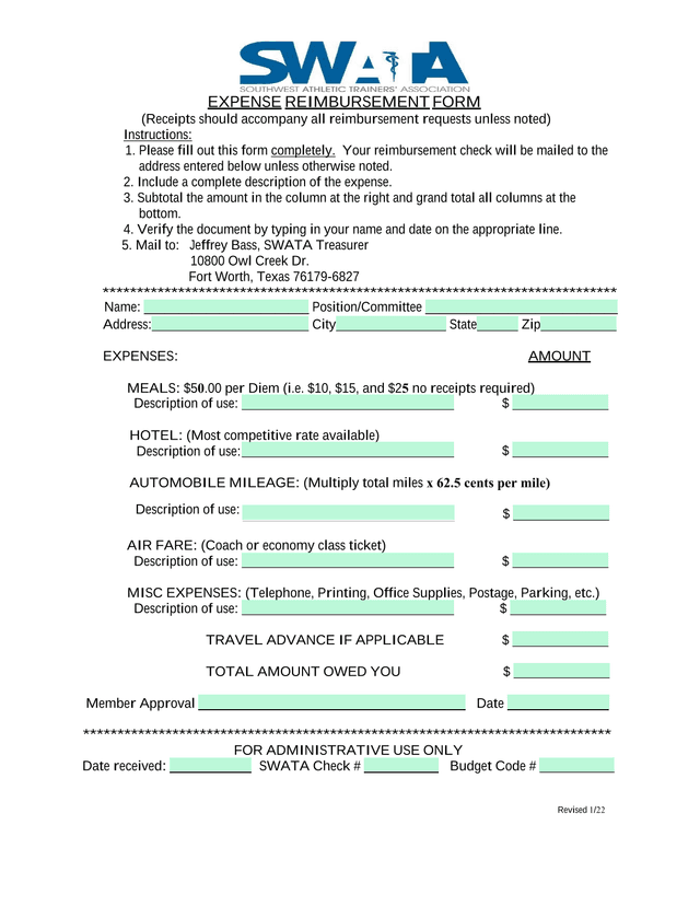EXPENSE REIMBURSEMENT FORM screenshot