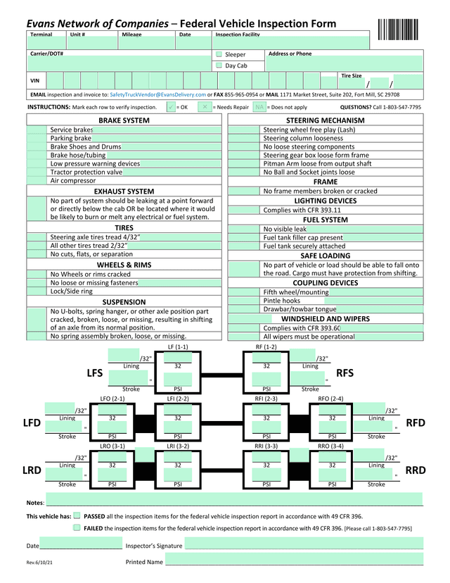 Federal Vehicle Inspection Form screenshot