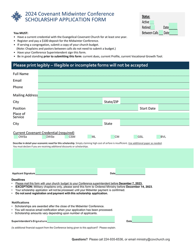 2024 Covenant Midwinter Conference Scholarship Application Form screenshot