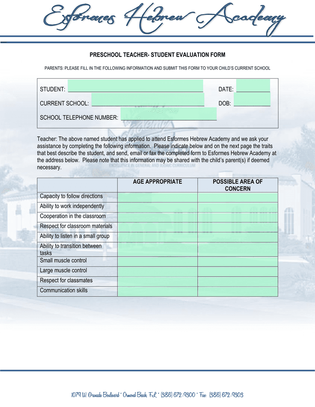 PRESCHOOL TEACHER  STUDENT EVALUATION FORM screenshot