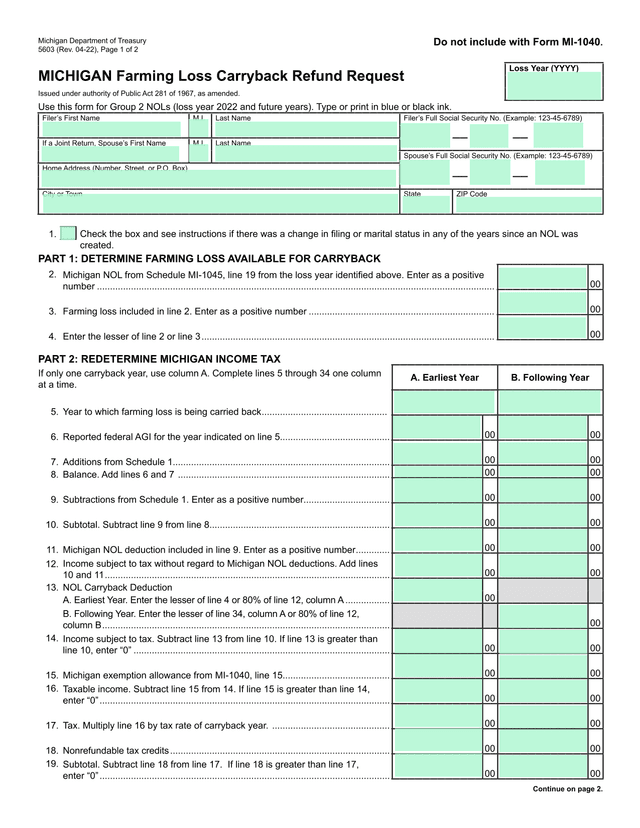 Michigan Farming Loss Carryback Refund Request screenshot