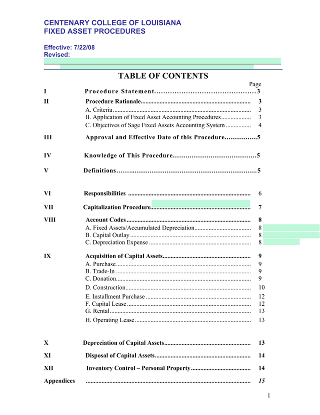 CENTENARY COLLEGE OF LOUISIANA FIXED ASSET PROCEDURES screenshot