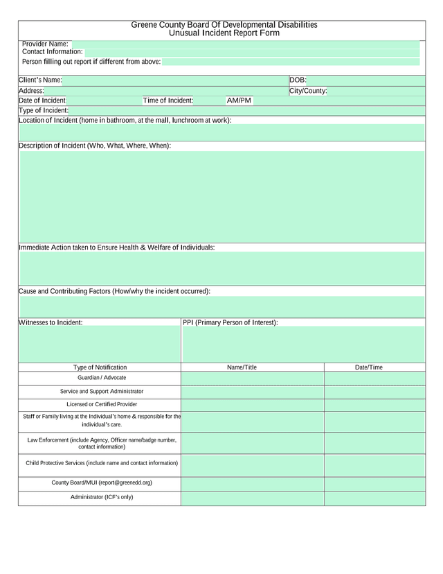 Unusual Incident Report Form screenshot