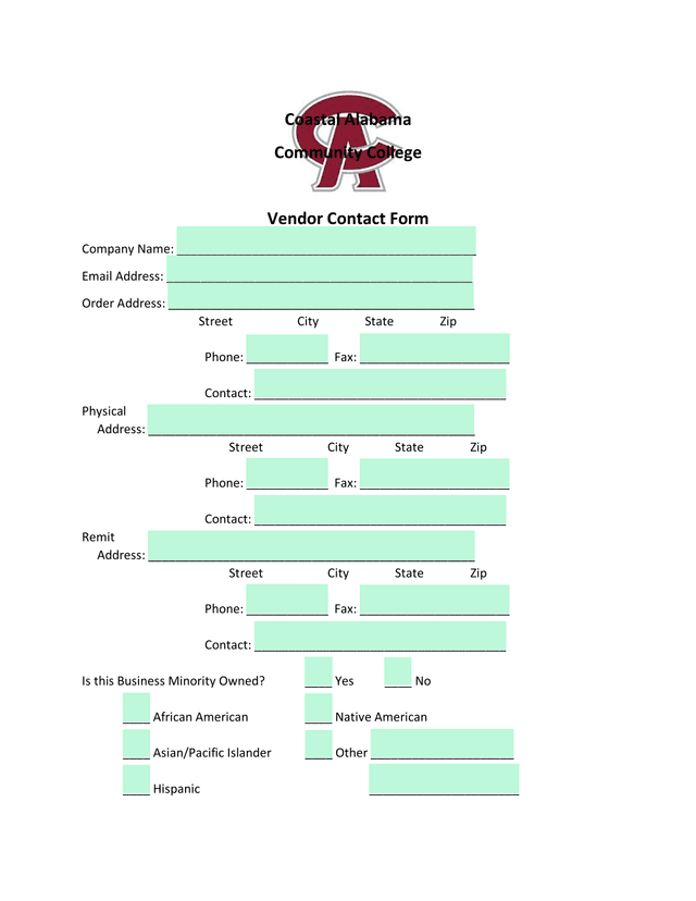 Vendor Contact Form screenshot