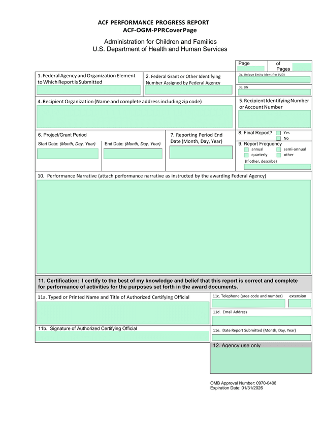 ACF Performance Progress Report screenshot