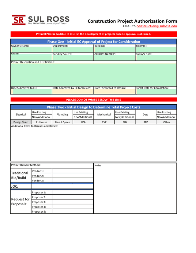 Construction Project Authorization Form screenshot