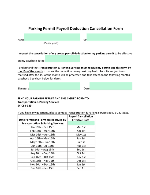 Parking Permit Payroll Deduction Cancellation Form screenshot