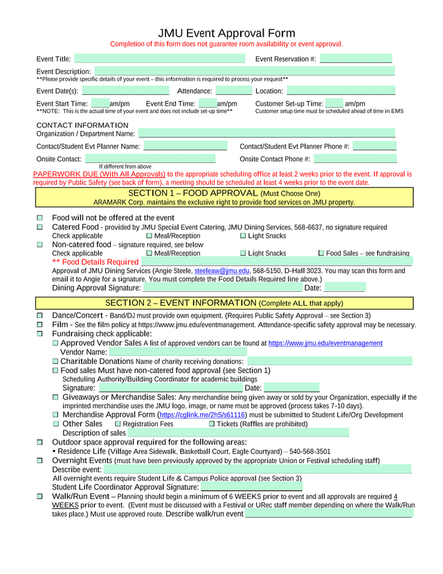JMU Event Approval Form screenshot