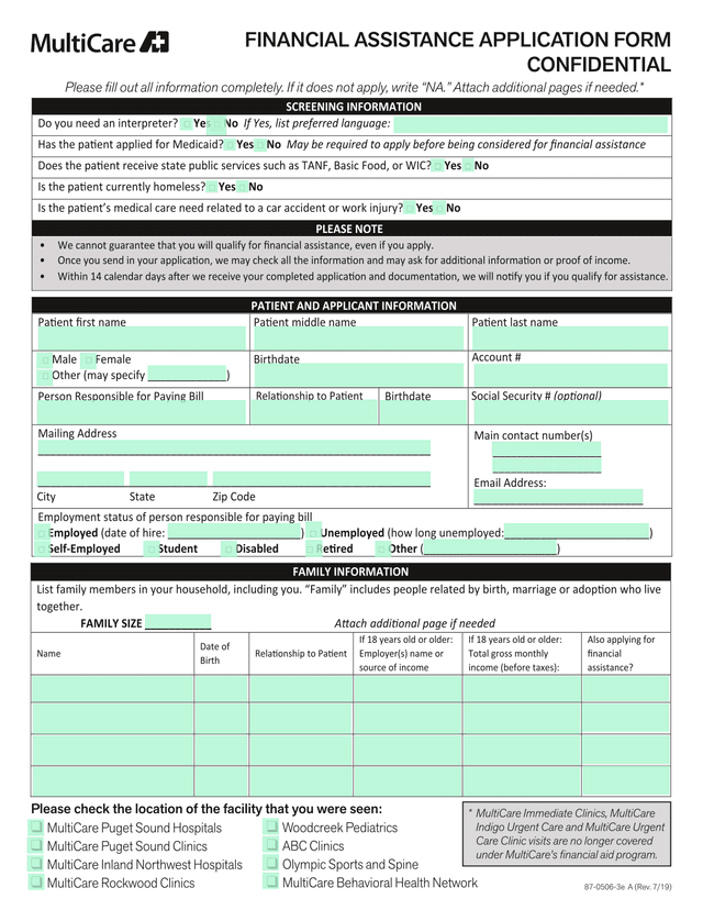 Financial Assistance Application Form screenshot