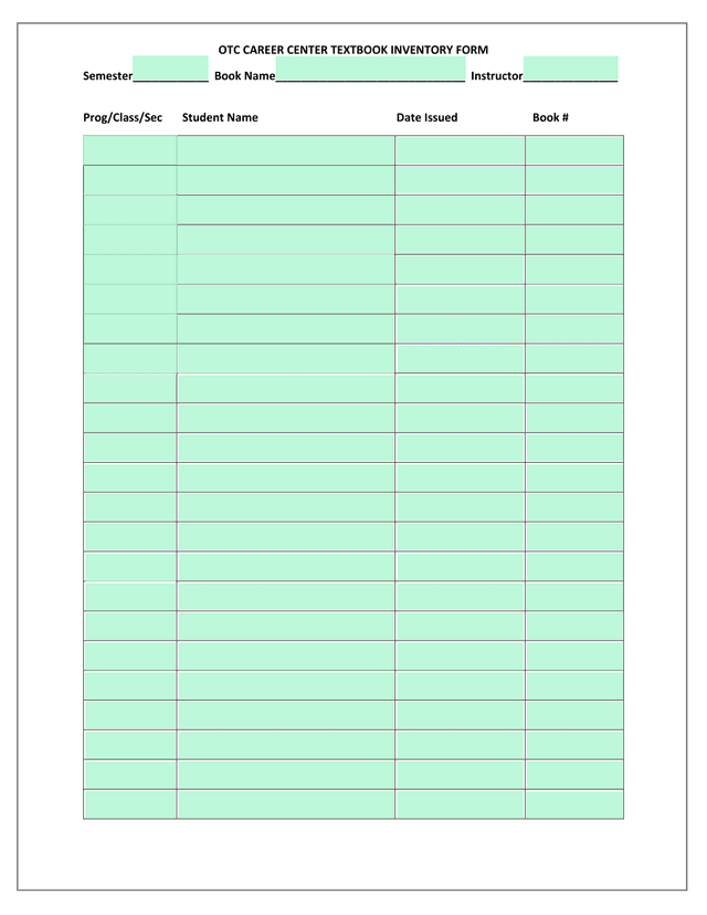OTC CAREER CENTER TEXTBOOK INVENTORY FORM screenshot