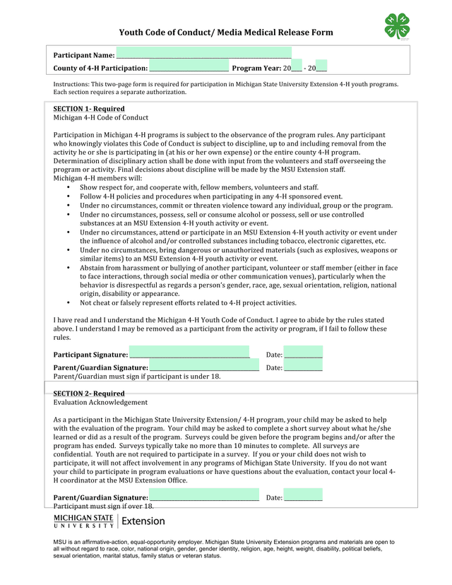 Youth Code Of ConductMedia Medical Release Form screenshot