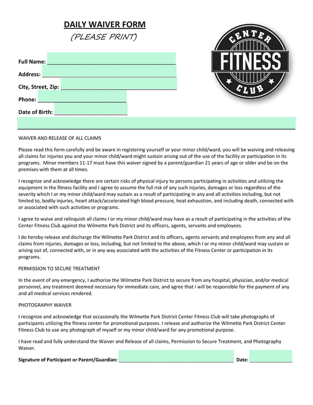 Daily Waiver Form screenshot