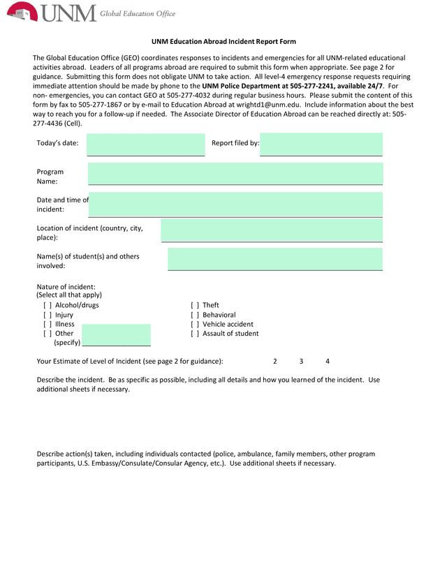 UNM Education Abroad Incident Report Form screenshot