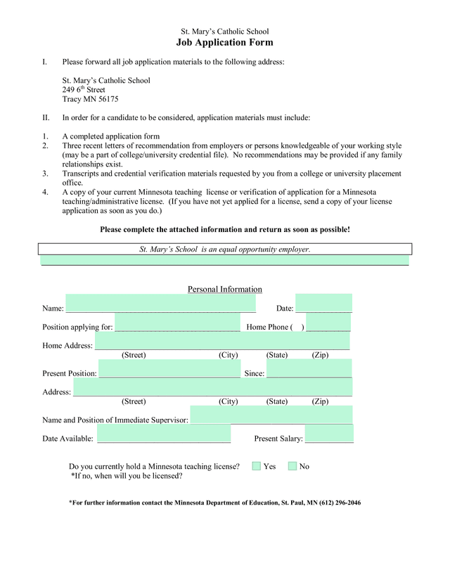 St. MaryS Catholic School Job Application Form screenshot