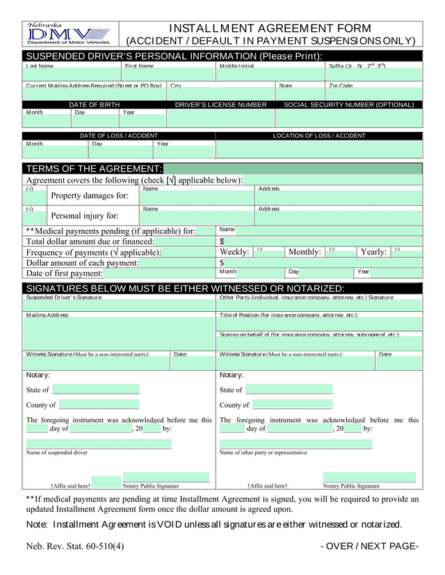 Installment Agreement Form screenshot