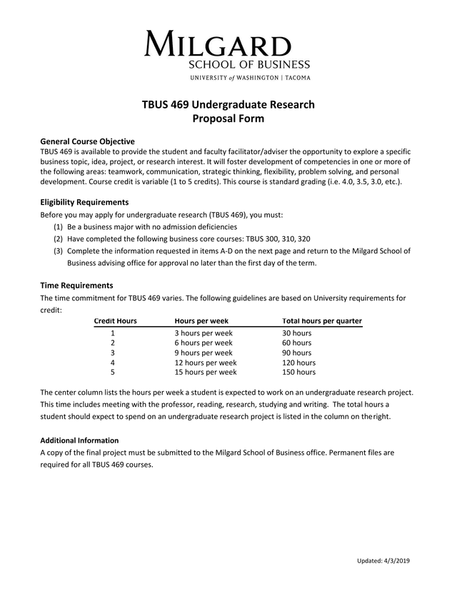 TBUS 469 Undergraduate Research Proposal Form screenshot