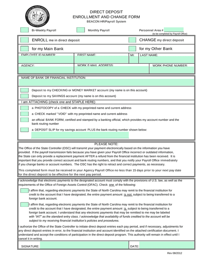 Direct Deposit Enrollment And Change Form screenshot