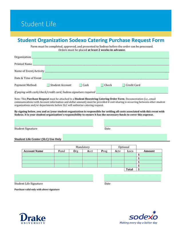 Student Organization Sodexo Catering Purchase Request Form screenshot