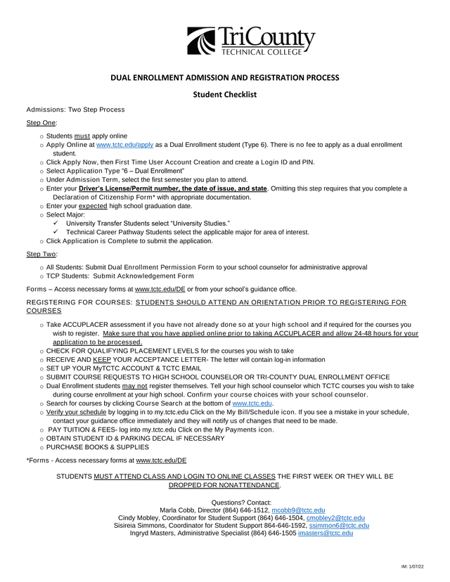 Dual Enrollment Admission And Registration Process Student Checklist screenshot
