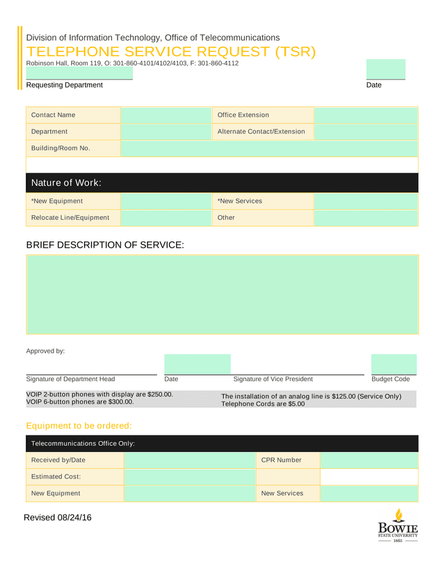Telephone Service Request (TSR) screenshot