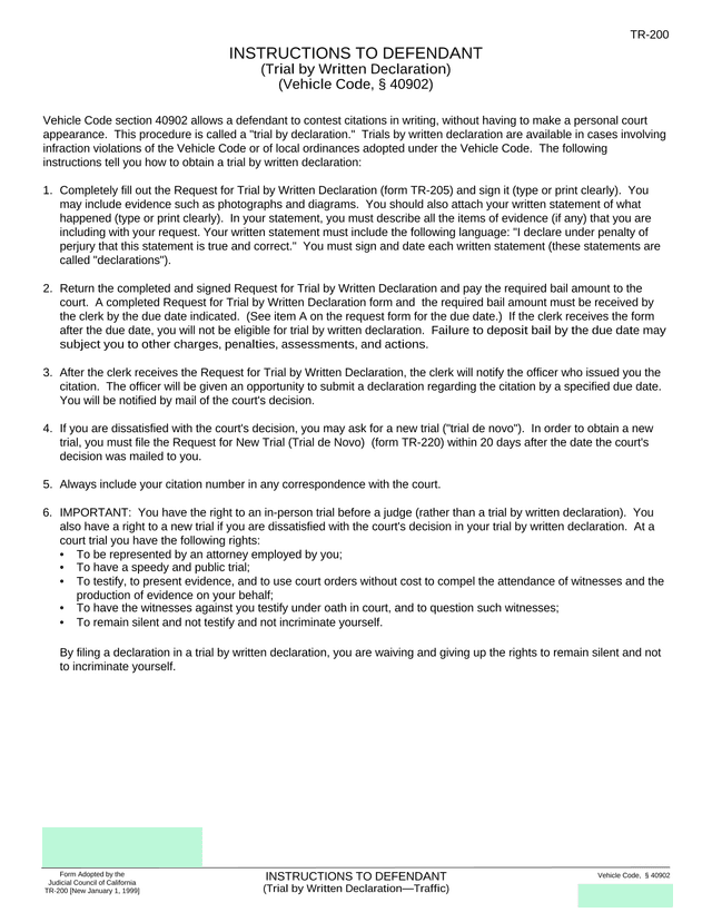 Instructions To Defendant (Trial By Written Declaration) screenshot
