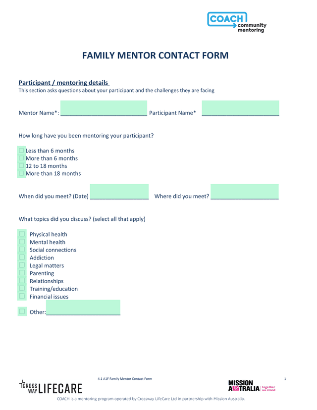 Family Mentor Contact Form screenshot