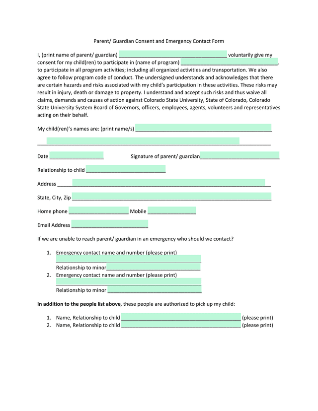 Parent Guardian Consent And Emergency Contact Form screenshot