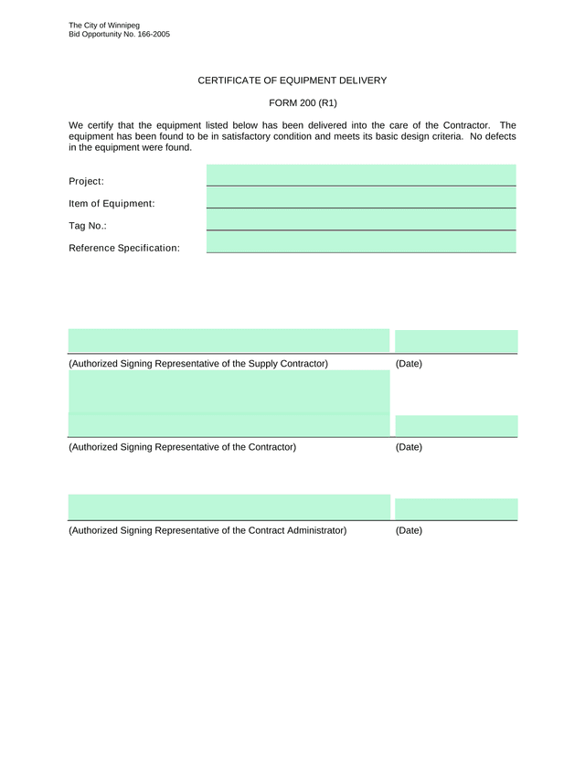 Certificate Of Equipment Delivery, Instruction, Installation, And Performance Forms screenshot