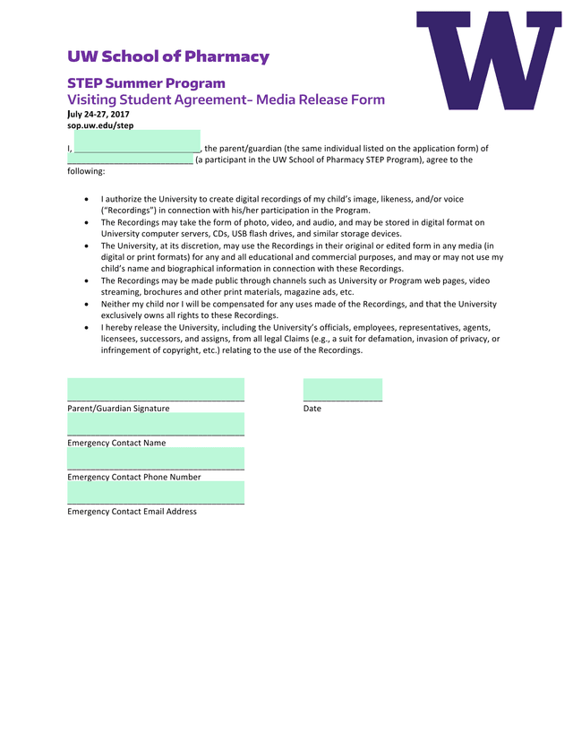 Visiting Student Agreement  Media Release Form screenshot