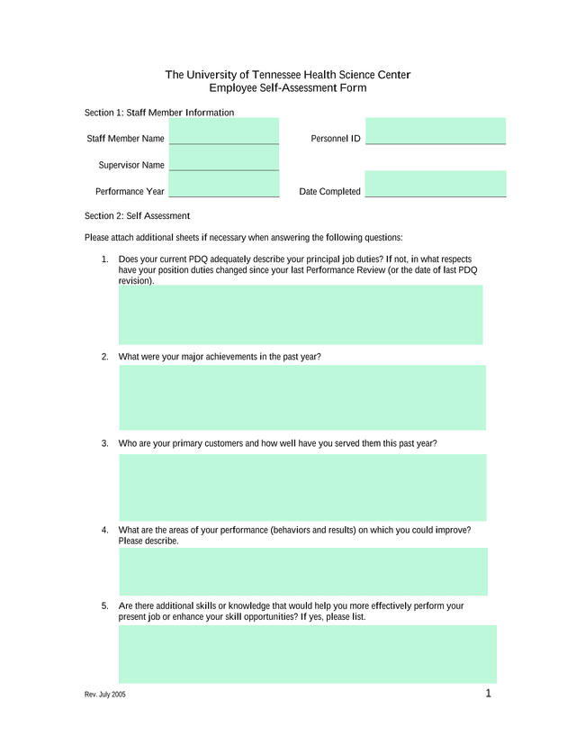 Employee Self Assessment Form screenshot