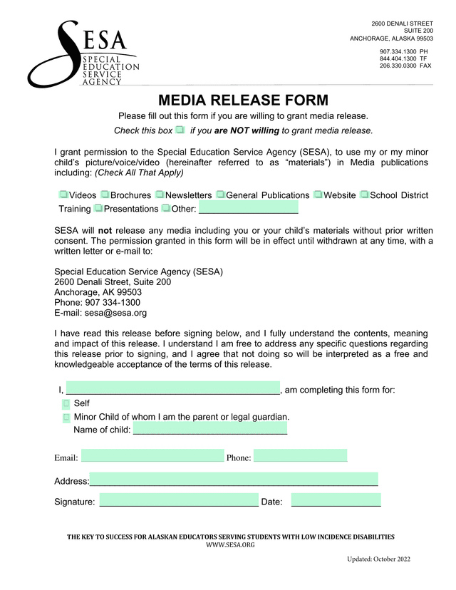 Media Release Form screenshot