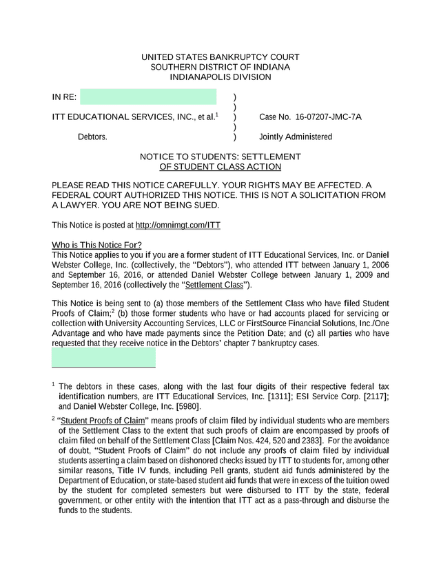 Notice To Students Settlement Of Student Class Action screenshot