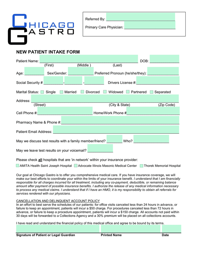 NEW PATIENT INTAKE FORM screenshot