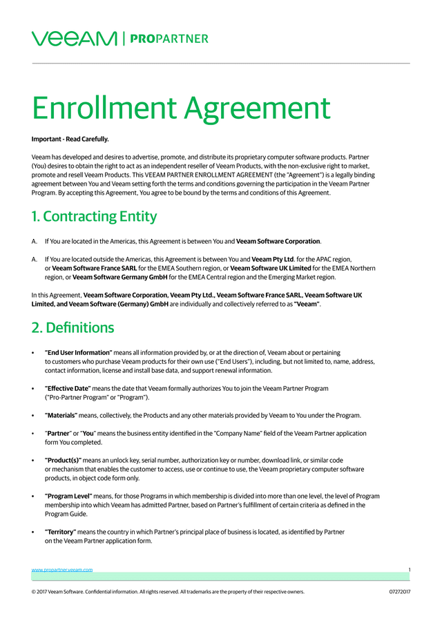 Veeam Partner Enrollment Agreement screenshot