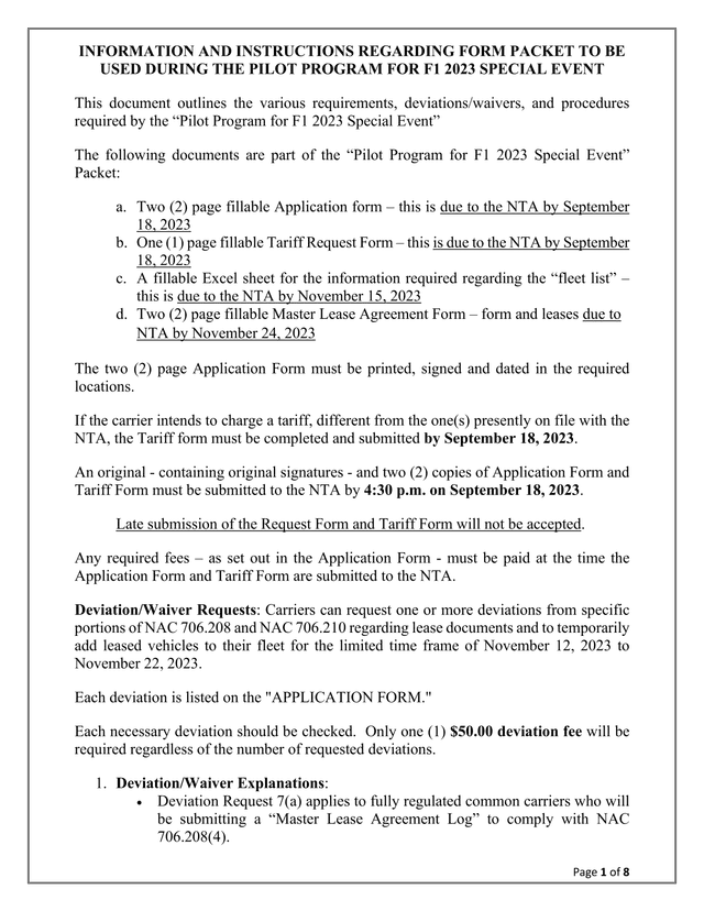INFORMATION AND INSTRUCTIONS REGARDING FORM PACKET TO BE USED DURING THE PILOT PROGRAM FOR F1 2023 S screenshot