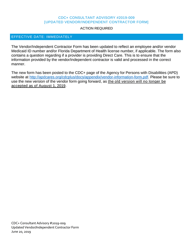 CDC Consultant Advisory 2019 009 Updated VendorIndependent Contractor Form screenshot
