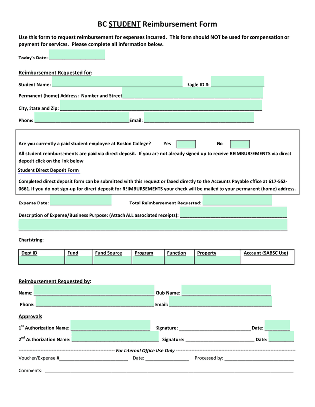 BC STUDENT Reimbursement Form screenshot