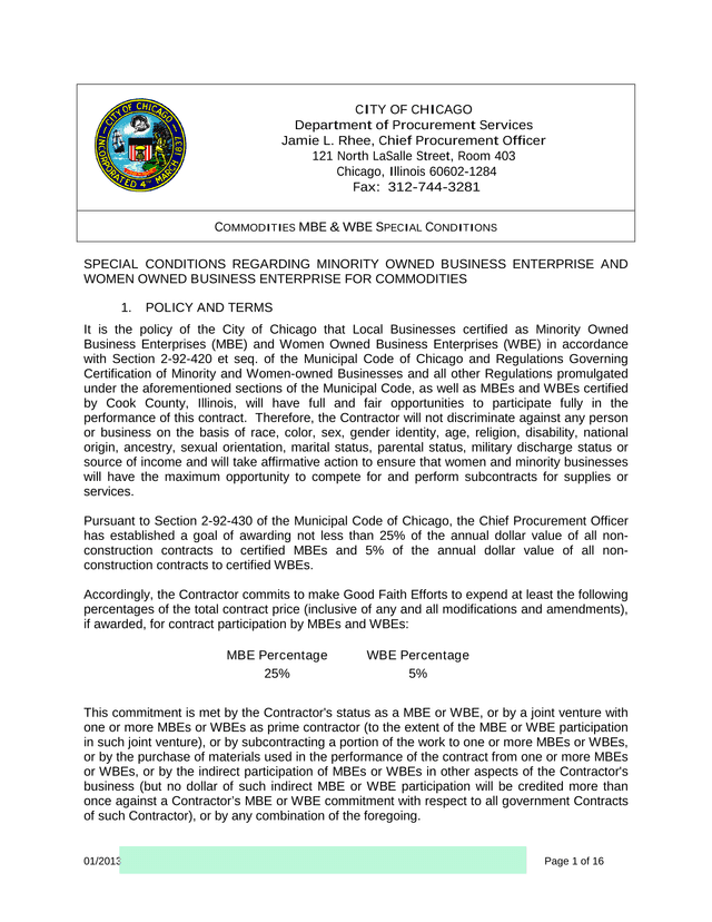 Commodities MBE  WBE Special Conditions screenshot