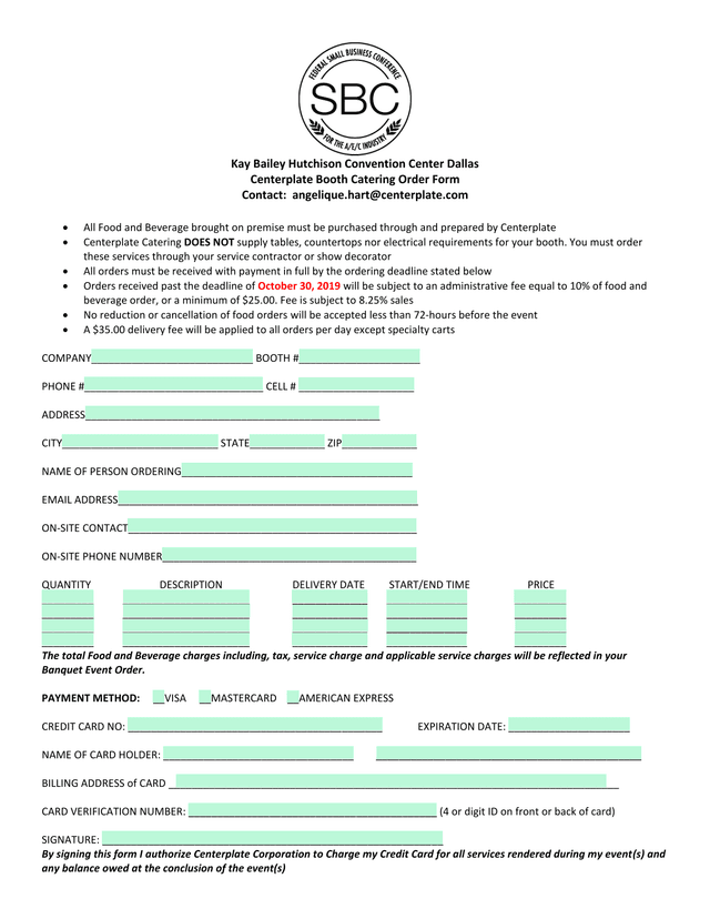 Centerplate Booth Catering Order Form screenshot