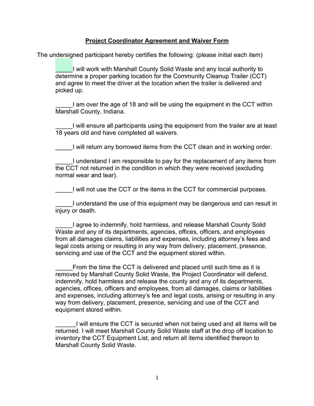 Project Coordinator Agreement And Waiver Form screenshot