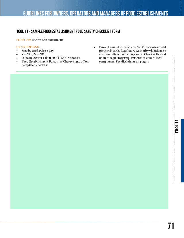Sample Food Establishment Food Safety Checklist Form screenshot