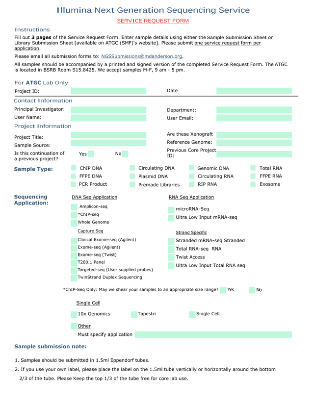 Illumina Next Generation Sequencing Service SERVICE REQUEST FORM screenshot