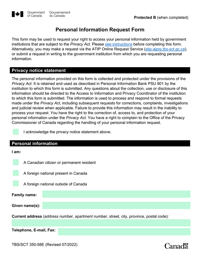 Personal Information Request Form screenshot