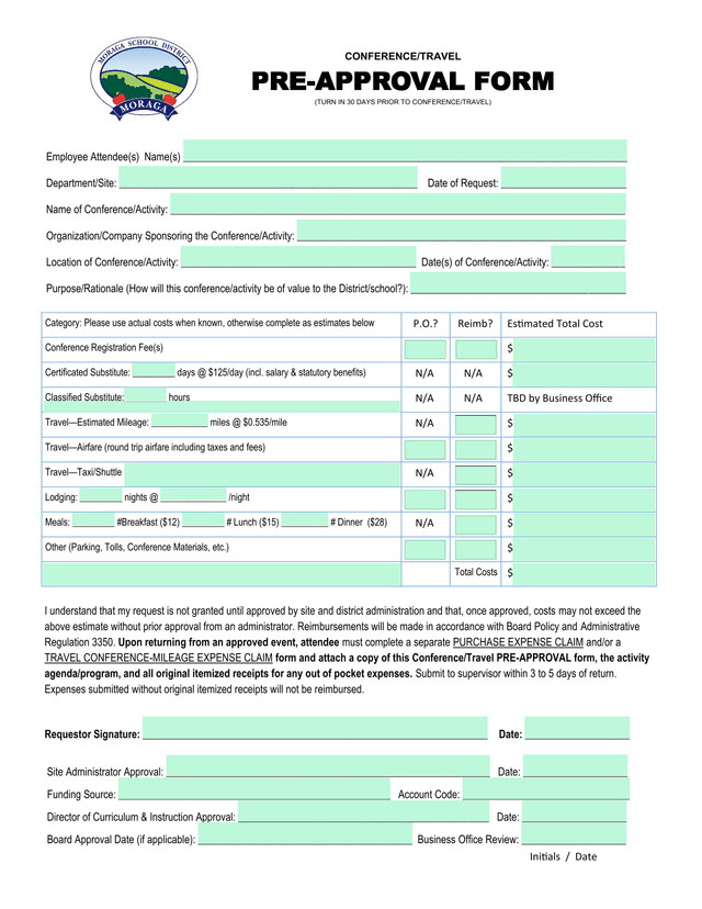 ConferenceTravel Pre Approval Form screenshot